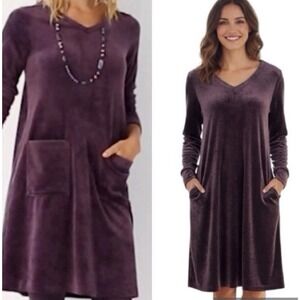 J Jill Pure Jill Women's Purple Long Sleeve Velour V-Neck Dress Pockets Size MP